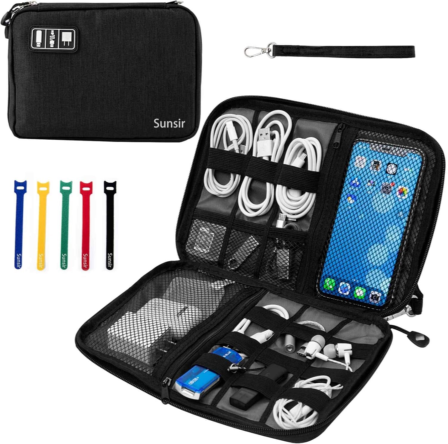Travel Cable Organizer Bag Waterproof Portable Electronic Accessories Organizer for USB Cable Cord Phone Charger Headset Wire SD Card with 5Pcs Cable Ties(Black)