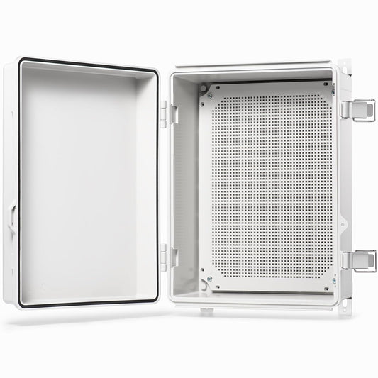 Waterproof Junction Box IP67 Outdoor Plastic Electrical Project Enclosure Weatherproof with Mounting Plate, Wall Brackets, Hinged Grey Cover 16.1"X12.2"X7.1"
