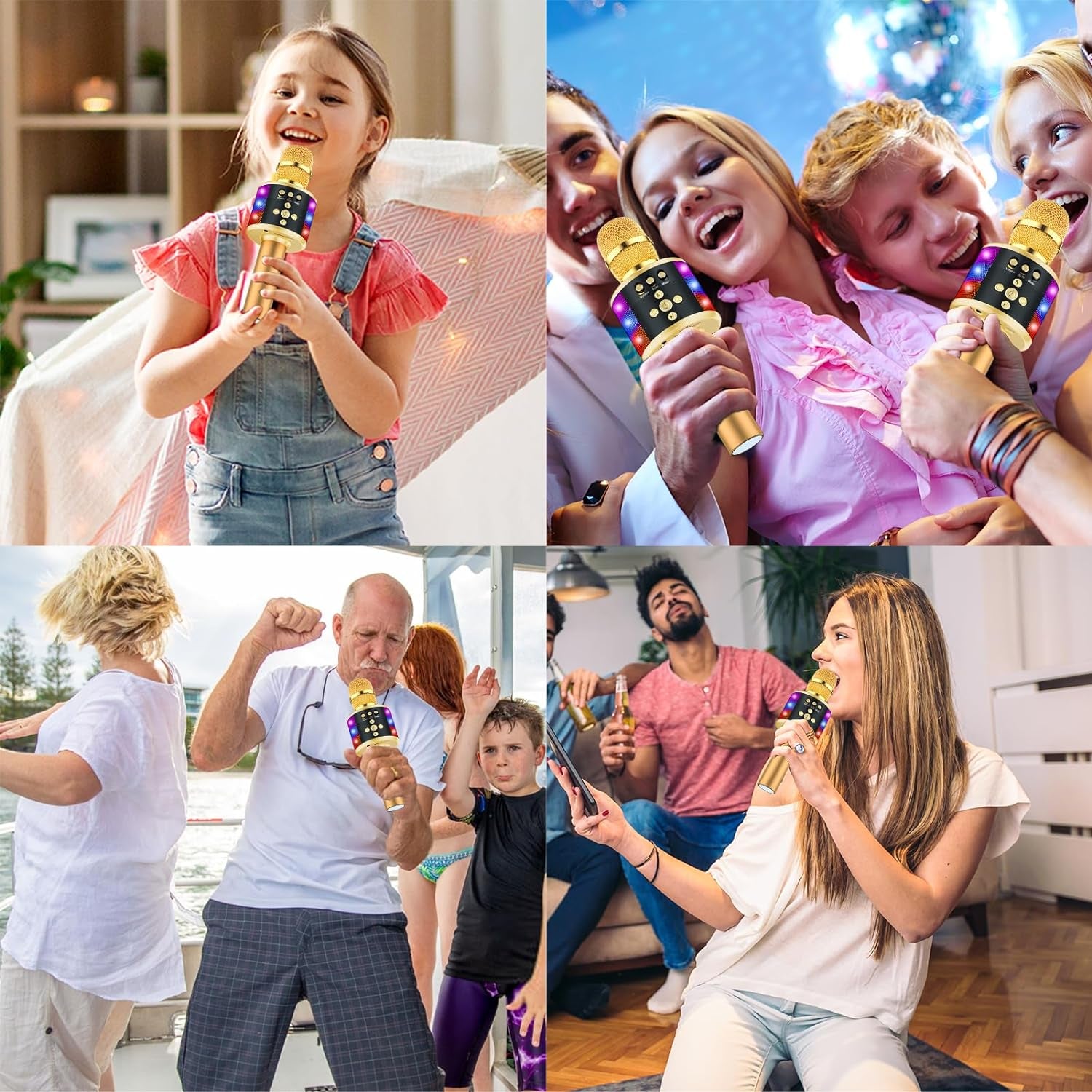 Karaoke Microphone for Kids & Adults - Bluetooth Microphones Singing Mic with Disco Lights, Echo Effect, Built-In Speaker Portable Karaoke Player for Party Travel Gifts Q78(Gold)