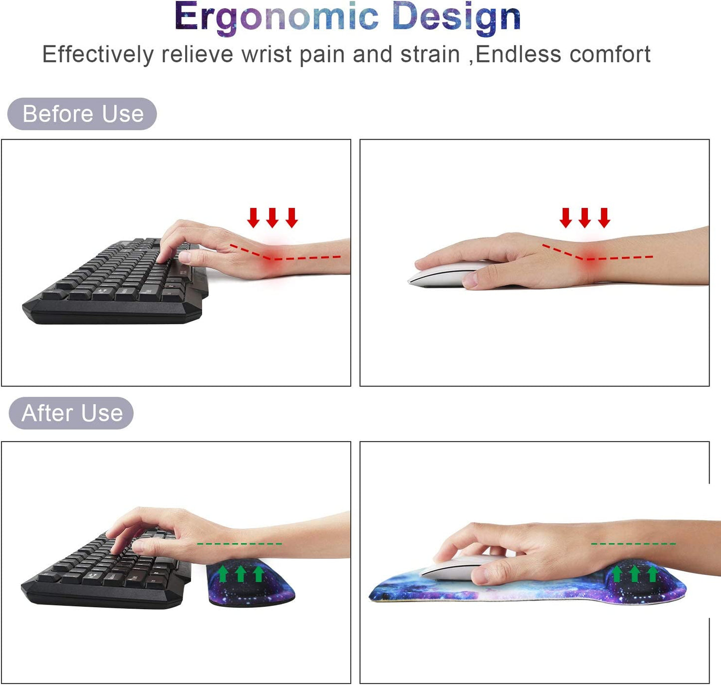 Mouse Pad with Wrist Support and Keyboard Wrist Rest Pad Set,Ergonomic Mouse Pads for Computers Laptop,Non-Slip Comfortable Mousepad W/Raised Memory Foam for Easy Typing & Pain Relief (Galaxy)