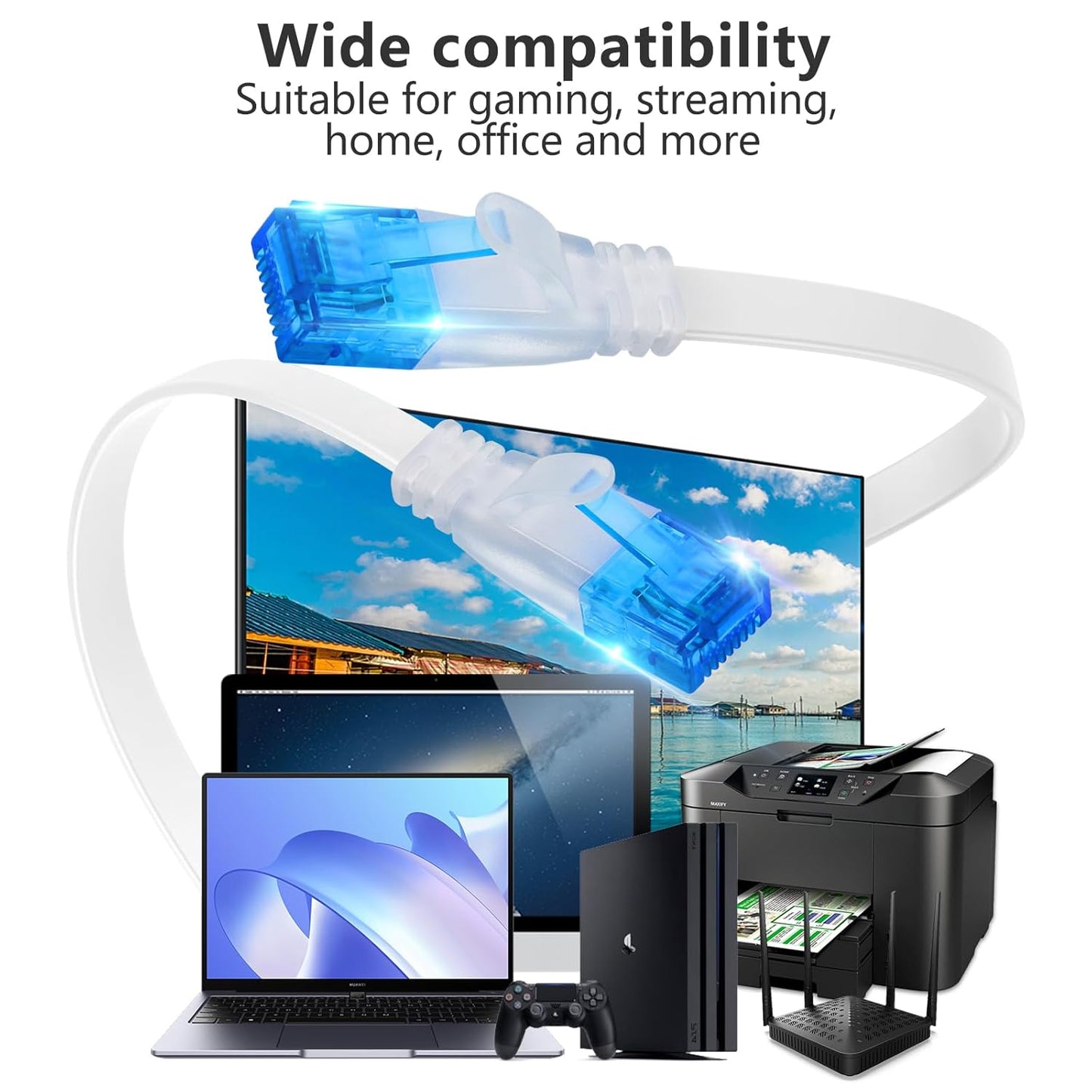 Ethernet Cable 75Ft High Speed Cat 6 Flat Network Cable with Rj45 Connectors, Long LAN Cable with Clips - White 22.8 M