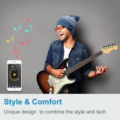 Washable Winter Bluetooth Beanie Hat Pom Pom Knit Music Cap with Removal Speakers & Mic Hands Free Wireless Headphones Headsets Earphone for Skiing Skating Hiking Running, Blue