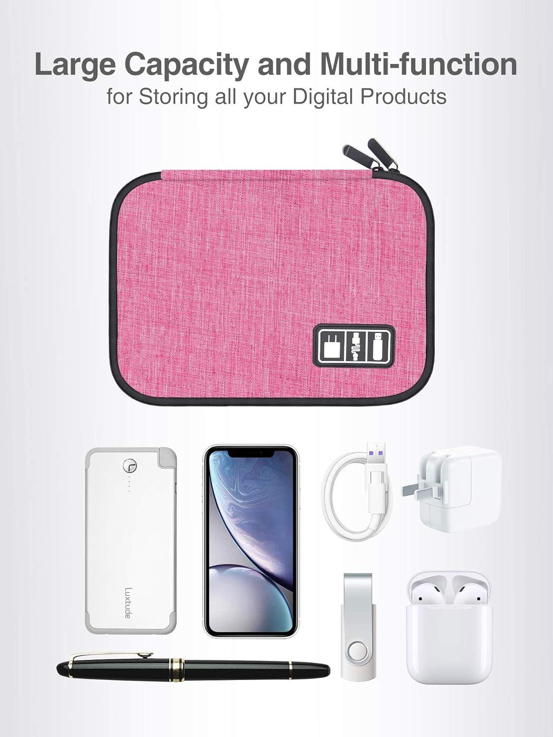 Electronics Travel Organiser, Compact Cable Organiser Bag, Portable Cable Tidy Bag, Travel Cable Case Tech Organiser Pouch for Electronic Accessories, USB, SD, Charger, Drive, Rose, 9.4 X 6.3