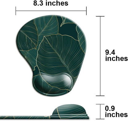 Ergonomic Mouse Pad with Wrist Support Gel Mouse Pad with Wrist Rest, Comfortable Computer Mouse Pad for Laptop, Pain Relief Mousepad with Non-Slip Rubber Base, 9 X 10 In,Green Leaves
