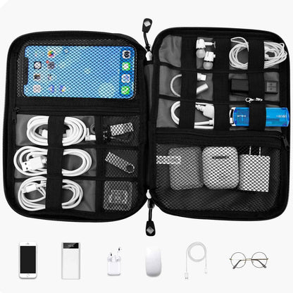 Travel Cable Organizer Bag Waterproof Portable Electronic Accessories Organizer for USB Cable Cord Phone Charger Headset Wire SD Card with 5Pcs Cable Ties(Black)