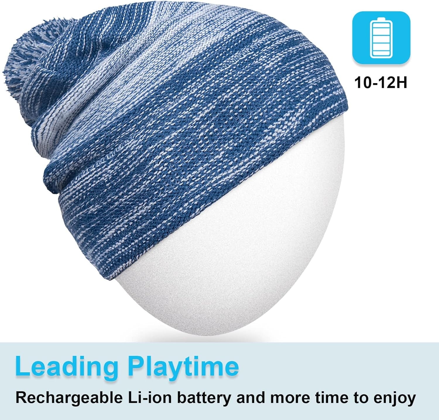 Washable Winter Bluetooth Beanie Hat Pom Pom Knit Music Cap with Removal Speakers & Mic Hands Free Wireless Headphones Headsets Earphone for Skiing Skating Hiking Running, Blue