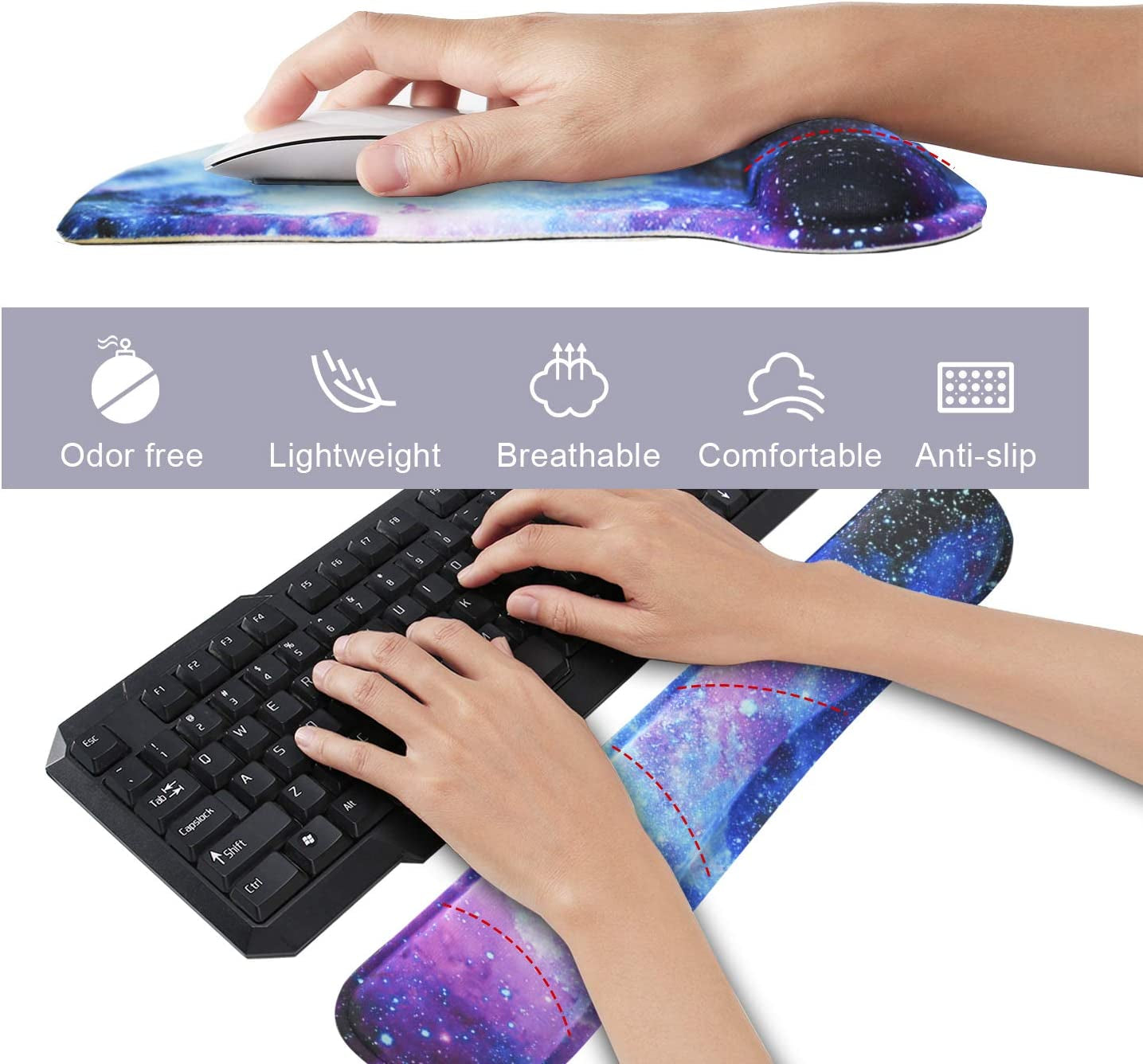 Mouse Pad with Wrist Support and Keyboard Wrist Rest Pad Set,Ergonomic Mouse Pads for Computers Laptop,Non-Slip Comfortable Mousepad W/Raised Memory Foam for Easy Typing & Pain Relief (Galaxy)