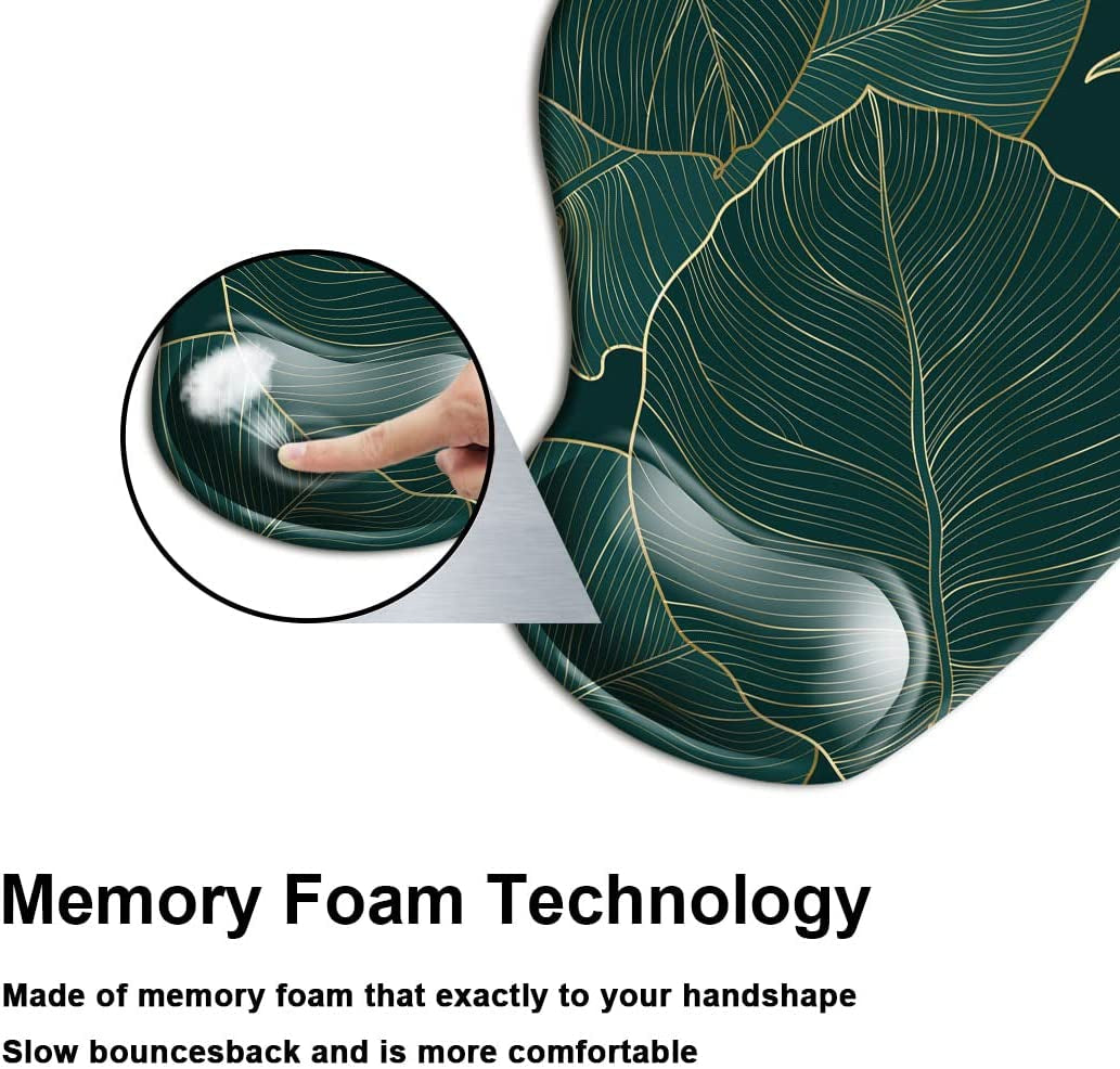 Ergonomic Mouse Pad with Wrist Support Gel Mouse Pad with Wrist Rest, Comfortable Computer Mouse Pad for Laptop, Pain Relief Mousepad with Non-Slip Rubber Base, 9 X 10 In,Green Leaves