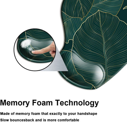 Ergonomic Mouse Pad with Wrist Support Gel Mouse Pad with Wrist Rest, Comfortable Computer Mouse Pad for Laptop, Pain Relief Mousepad with Non-Slip Rubber Base, 9 X 10 In,Green Leaves
