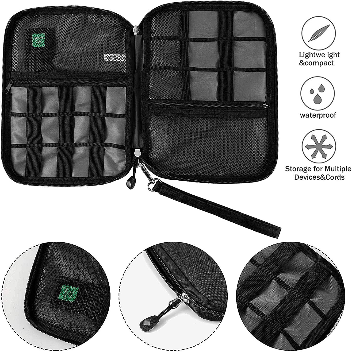 Travel Cable Organizer Bag Waterproof Portable Electronic Accessories Organizer for USB Cable Cord Phone Charger Headset Wire SD Card with 5Pcs Cable Ties(Black)