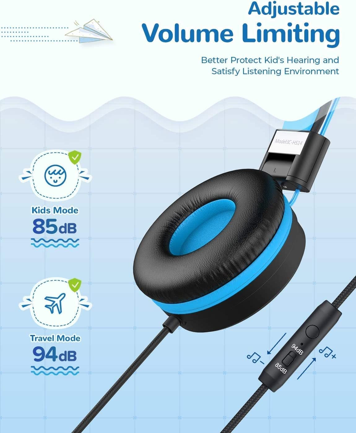 [Upgraded HS14 Kids Headphones with Microphone, 85/94Db Volume Limited, Foldable Wired Kids Headset for Boys/Girls/Tablet/Travel/School (Black&Pink)