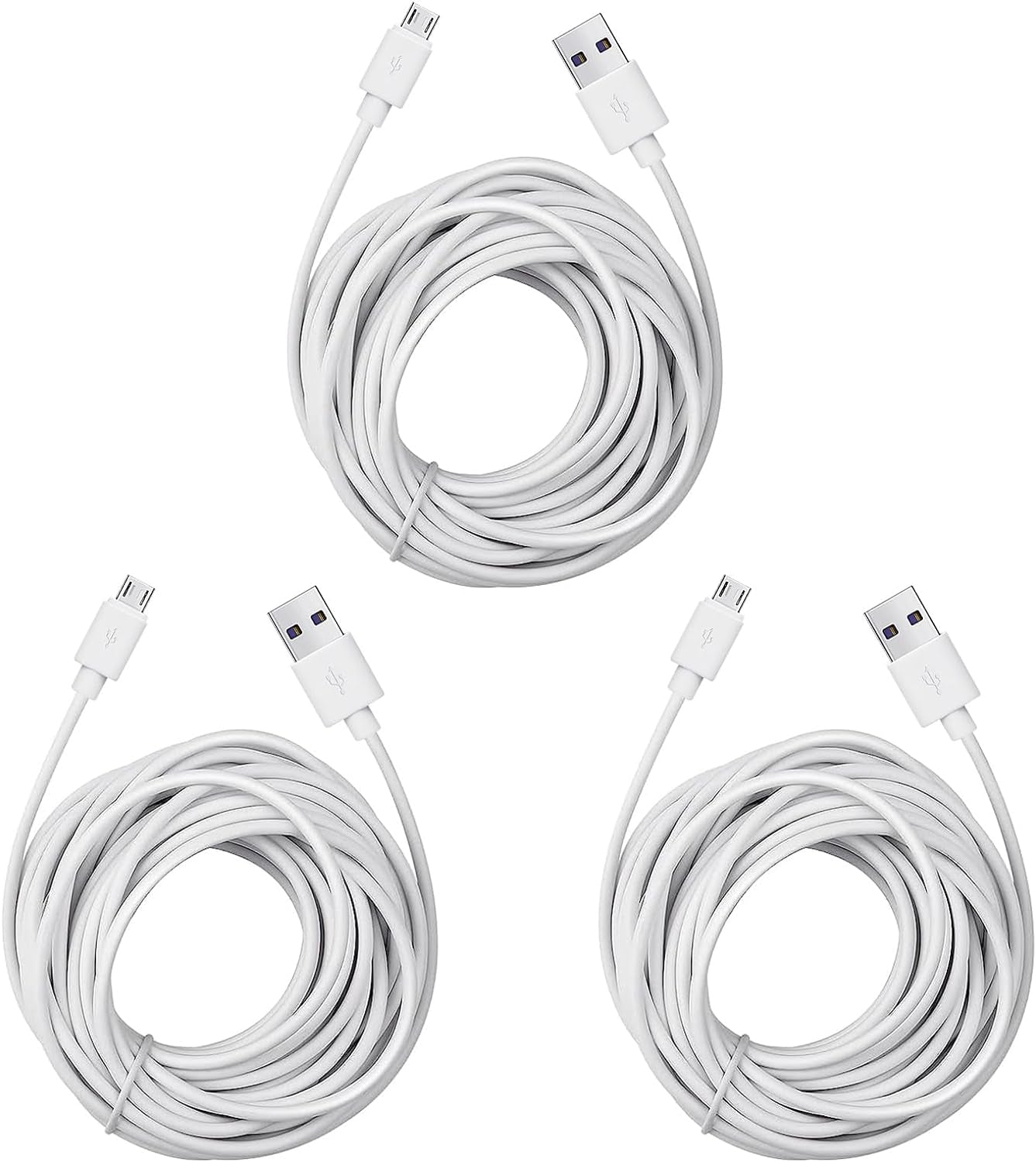 Micro USB Extension Cable Replacement for Wyze Cam V3 or Pan V2, Yi Outdoor Camera - Long Power Cord 25 Ft, White, 3-Pack