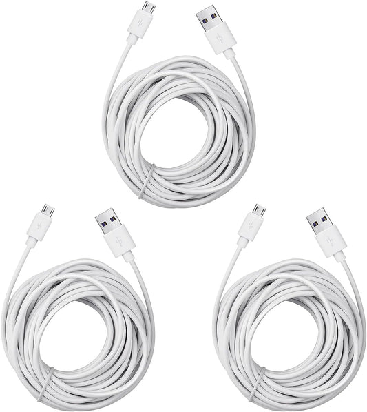 Micro USB Extension Cable Replacement for Wyze Cam V3 or Pan V2, Yi Outdoor Camera - Long Power Cord 25 Ft, White, 3-Pack