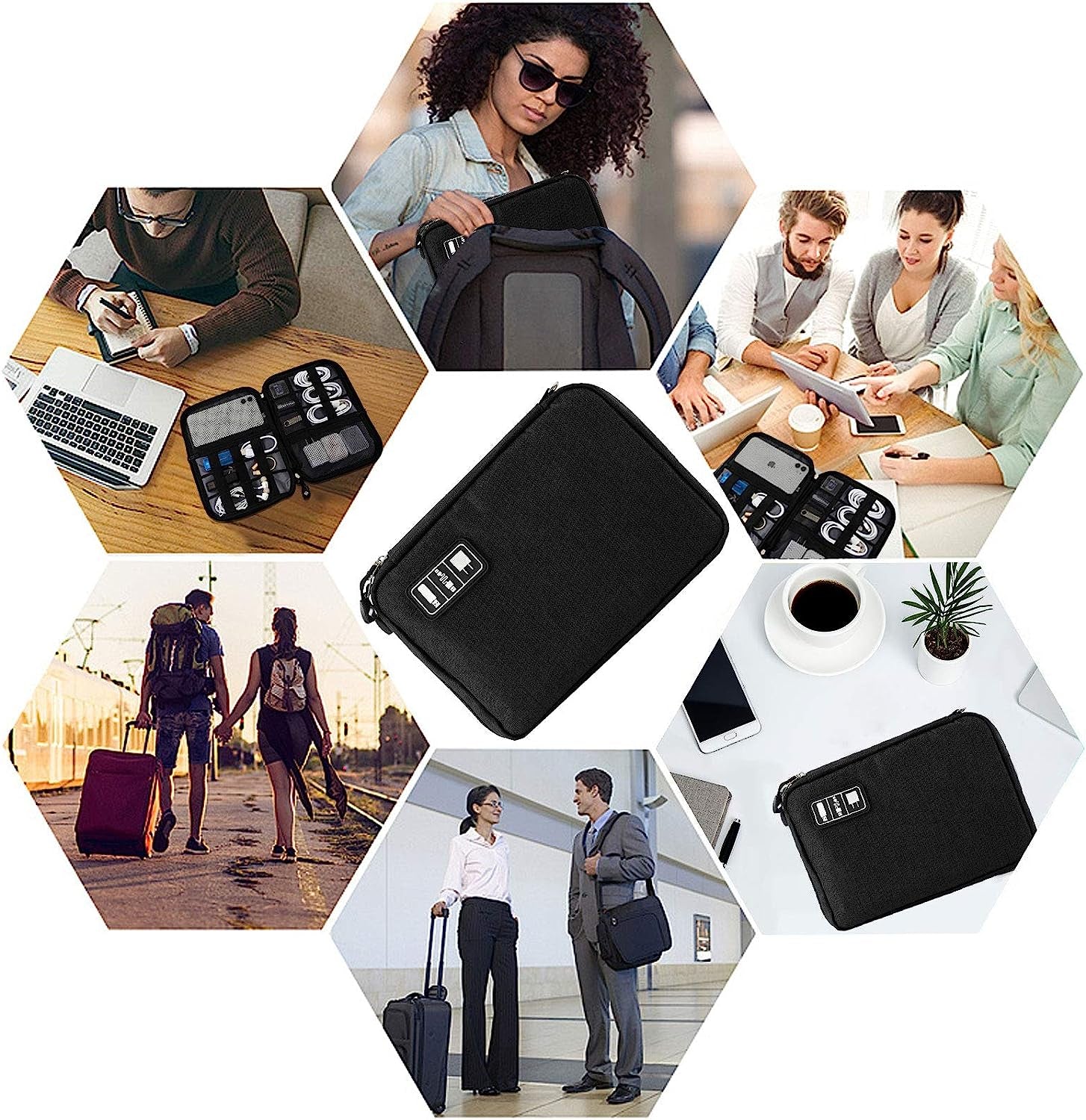 Travel Cable Organizer Bag Waterproof Portable Electronic Accessories Organizer for USB Cable Cord Phone Charger Headset Wire SD Card with 5Pcs Cable Ties(Black)