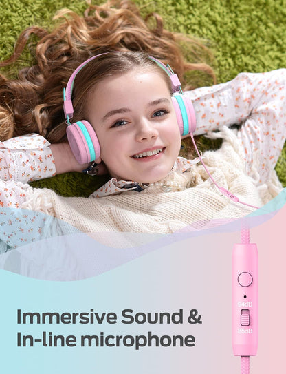 [Upgraded HS14 Kids Headphones with Microphone, 85/94Db Volume Limited, Foldable Wired Kids Headset for Boys/Girls/Tablet/Travel/School (Black&Pink)