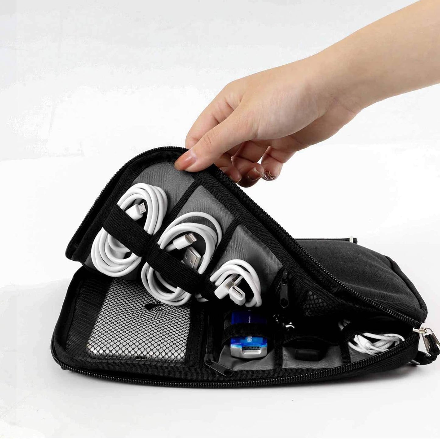 Travel Cable Organizer Bag Waterproof Portable Electronic Accessories Organizer for USB Cable Cord Phone Charger Headset Wire SD Card with 5Pcs Cable Ties(Black)